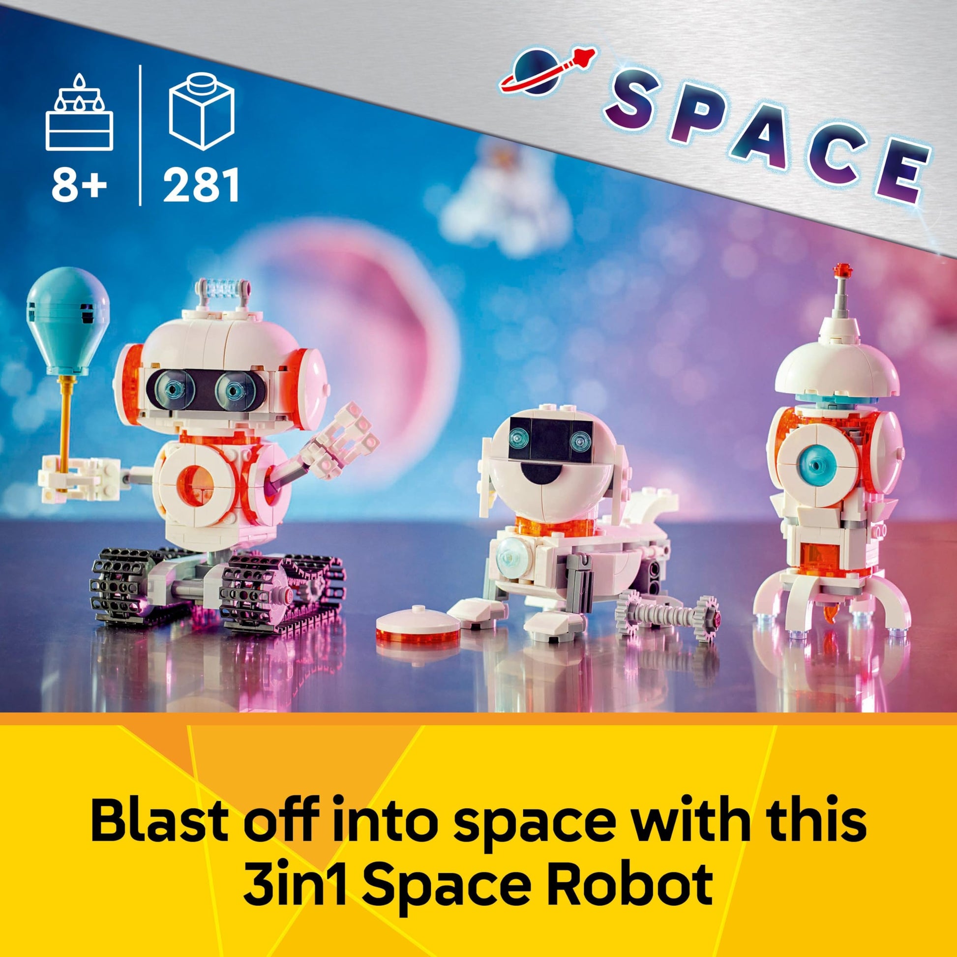 LEGO Creator 3in1 Space Robot toy, dog figure, and rocket model building set for kids aged 8 and up.