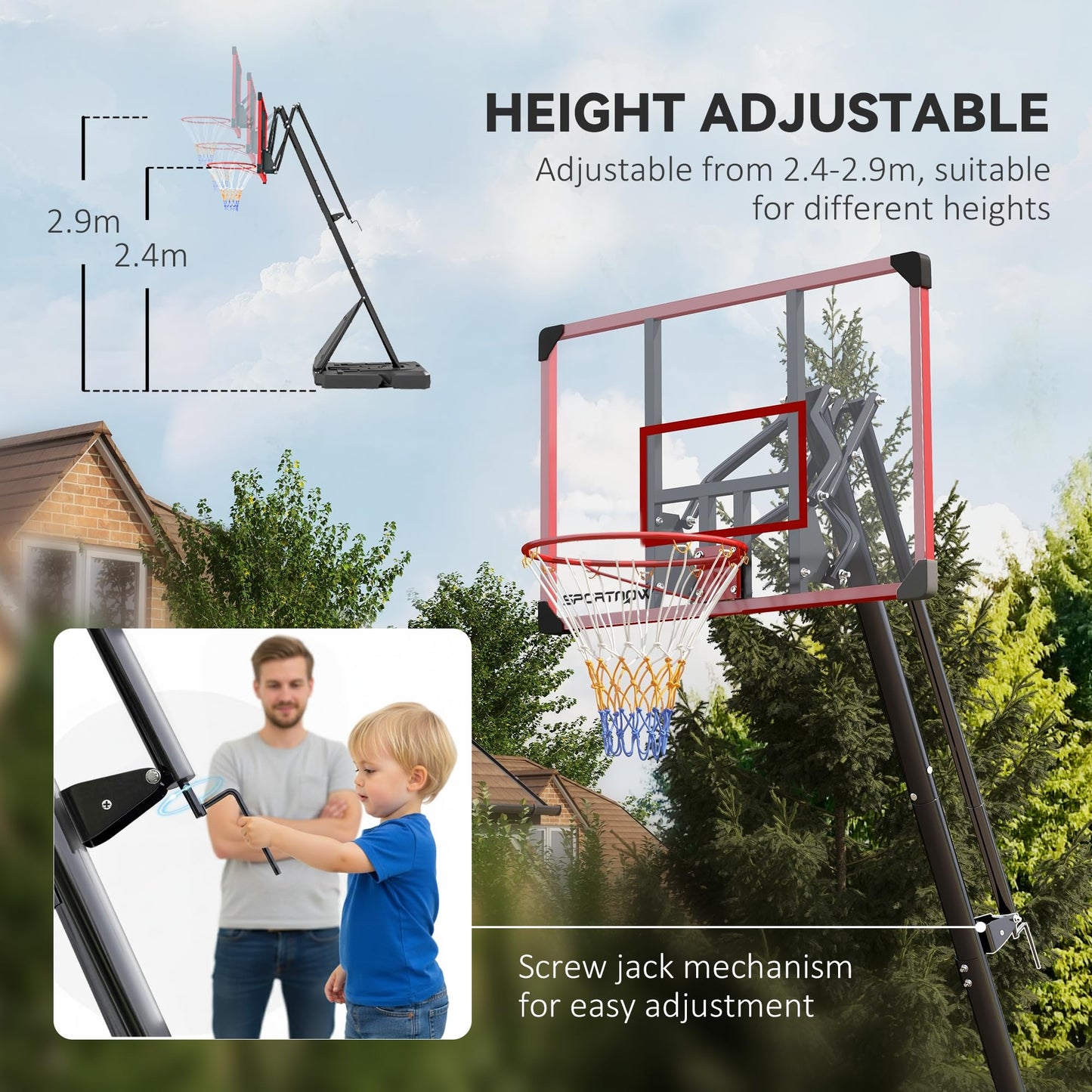 SPORTNOW Basketball Hoop Outdoor, Easily Adjustable Height Basketball Hoop and Stand with Weighted Base, Portable on Wheels, 2.4-2.9m, Red