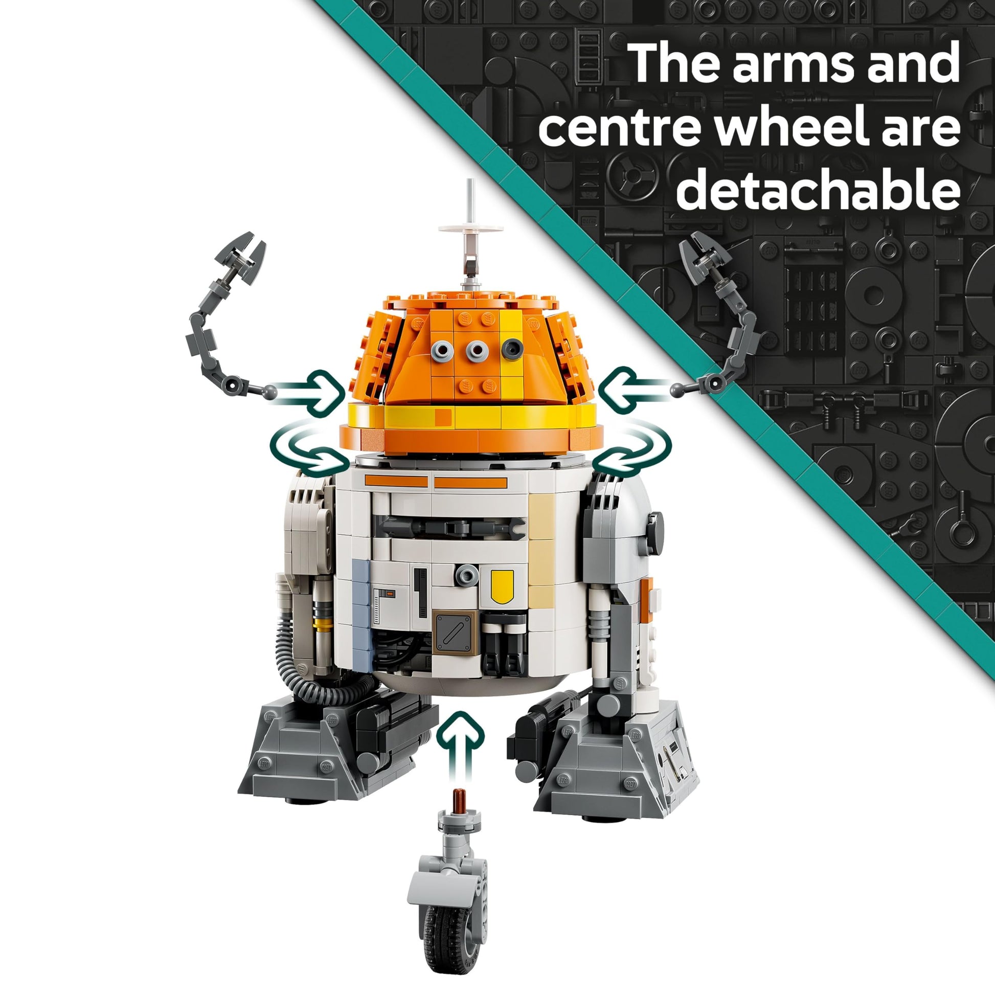 LEGO Star Wars 75416 Chopper astromech droid figure with movable head, detachable arms, and center wheel for play.