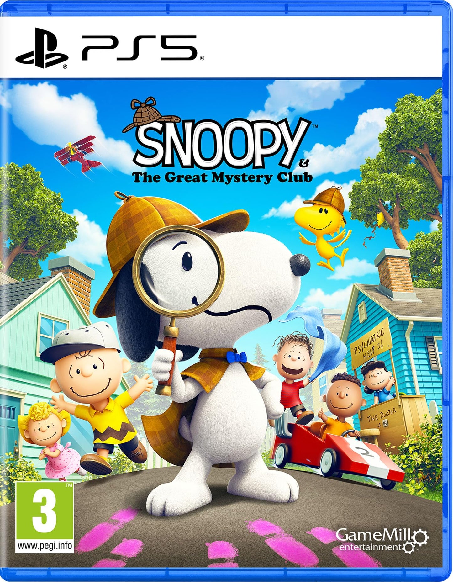 Snoopy & The Great Mystery Club PlayStation 5 game case featuring Snoopy and friends in a colorful cartoon style.