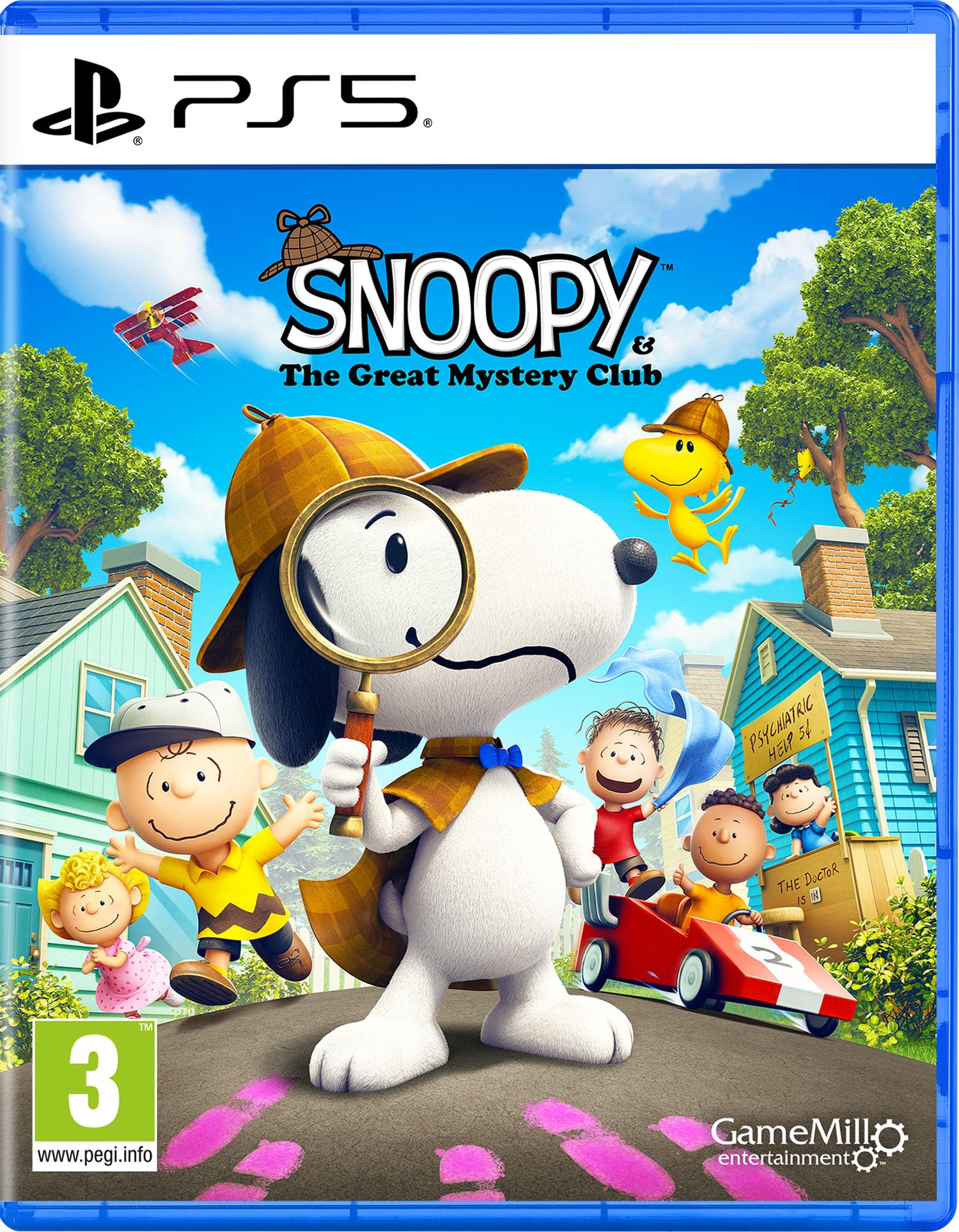 Snoopy & The Great Mystery Club PlayStation 5 game case featuring Snoopy and friends in a colorful cartoon style.