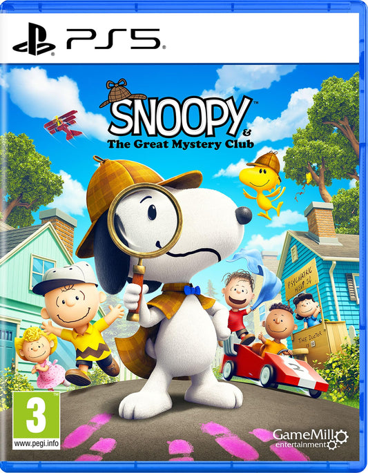 Snoopy & The Great Mystery Club PlayStation 5 game case featuring Snoopy and friends in a colorful cartoon style.