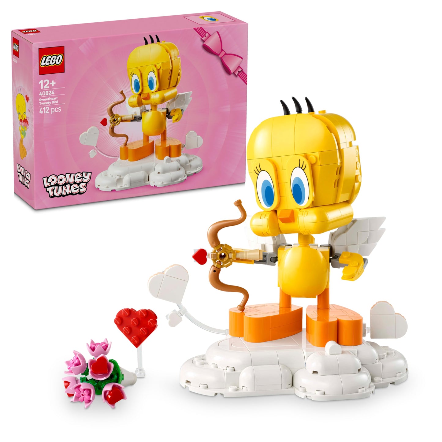 LEGO Sweetheart Tweety Bird Toy - Play & Display Looney Tunes Model with Accessories incl. a Flower Bouquet, Heart, Cupid's Bow & a Cloud Stand - Gift for 12+ Year Old Girls & Teens - 40824
