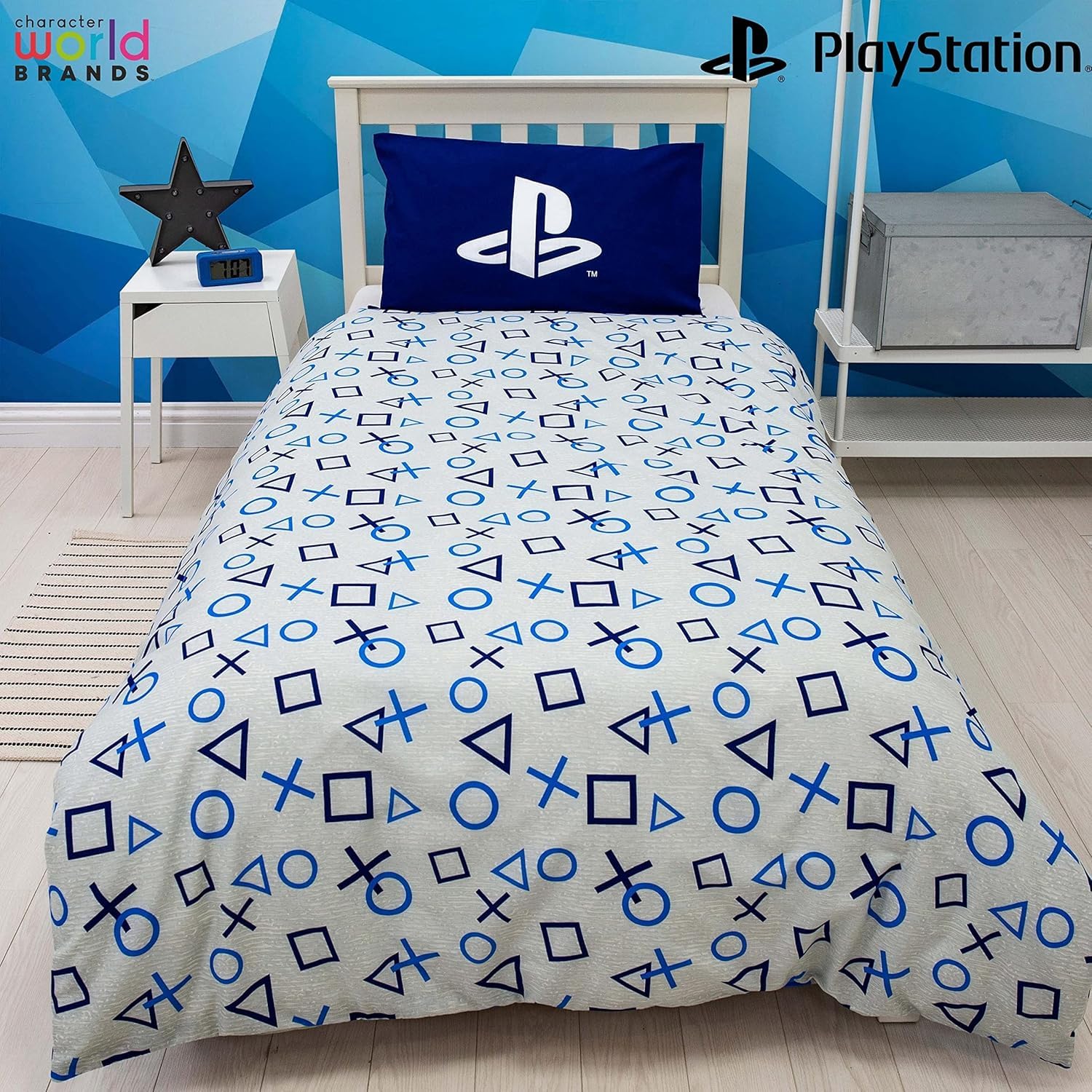 PlayStation Inkwash single duvet set with gaming-themed design, soft fabric, and decorative pillowcases featuring PlayStation logo and graphics.