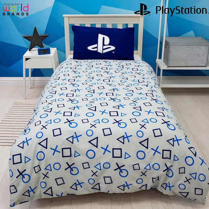 PlayStation Inkwash single duvet set with gaming-themed design, soft fabric, and decorative pillowcases featuring PlayStation logo and graphics.