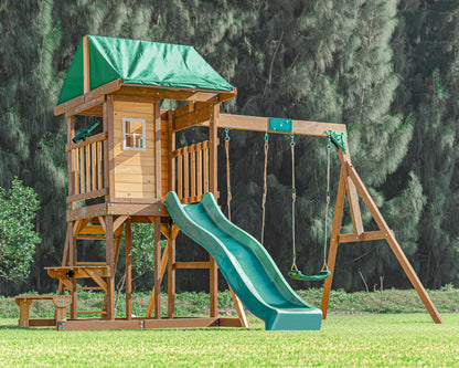 DOLPHIN PLAYGROUND T Wooden Swing and Slide Set, Wooden Outdoor Play Equipment with Picnic Table, PlayHouse, 2 Swings, Climbing Wall, Kids Outdoor Play Equipment for Ages 3+
