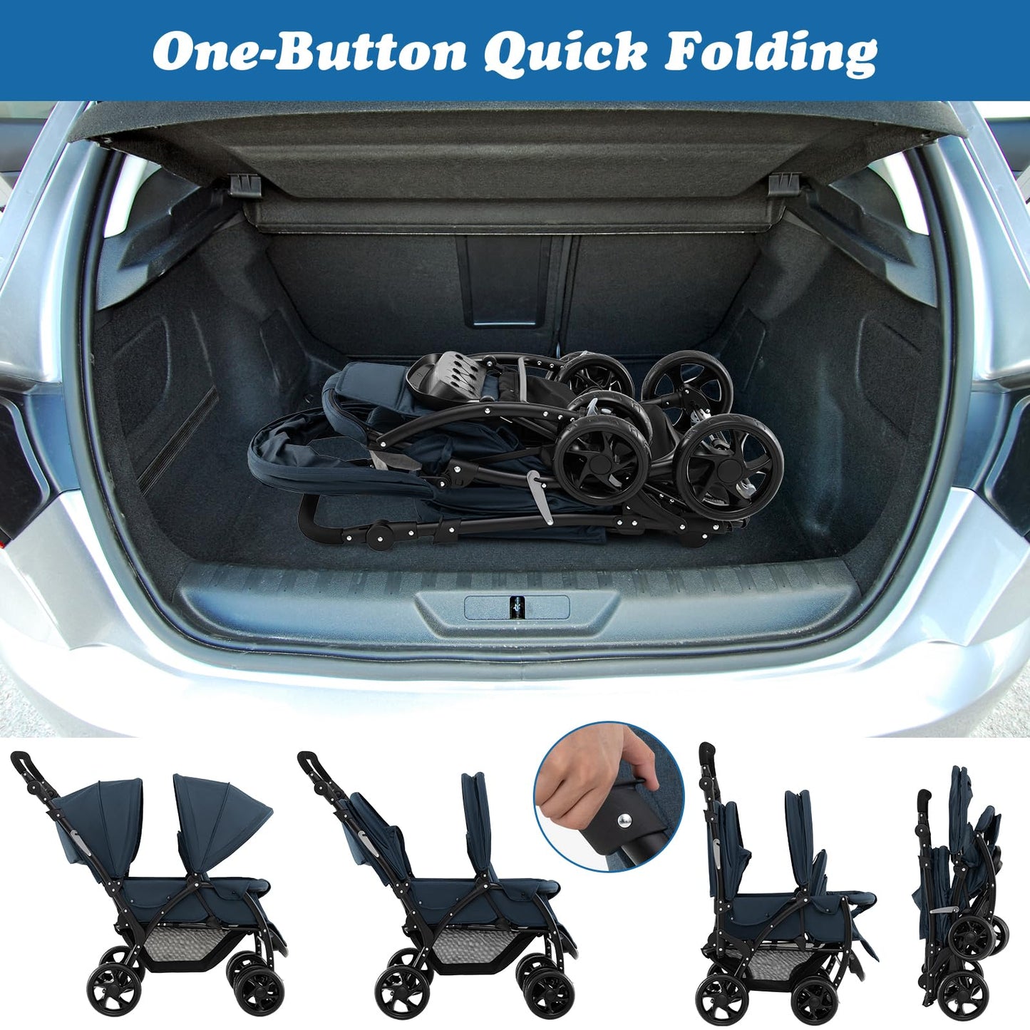 COSTWAY double seat pushchair in navy with foldable design, adjustable backrests, sunshade, safety belts, and storage basket.