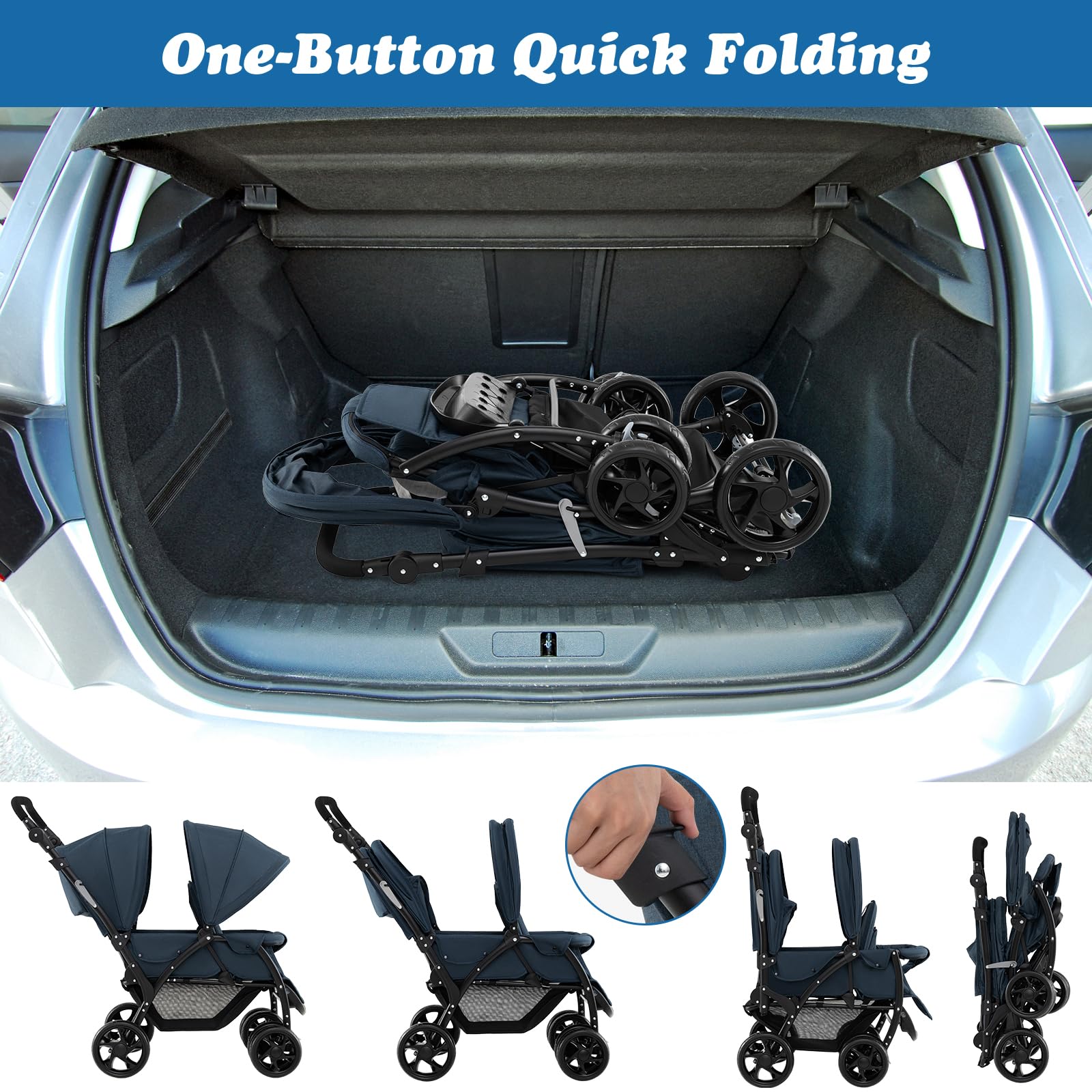 COSTWAY double seat pushchair in navy with foldable design, adjustable backrests, sunshade, safety belts, and storage basket.