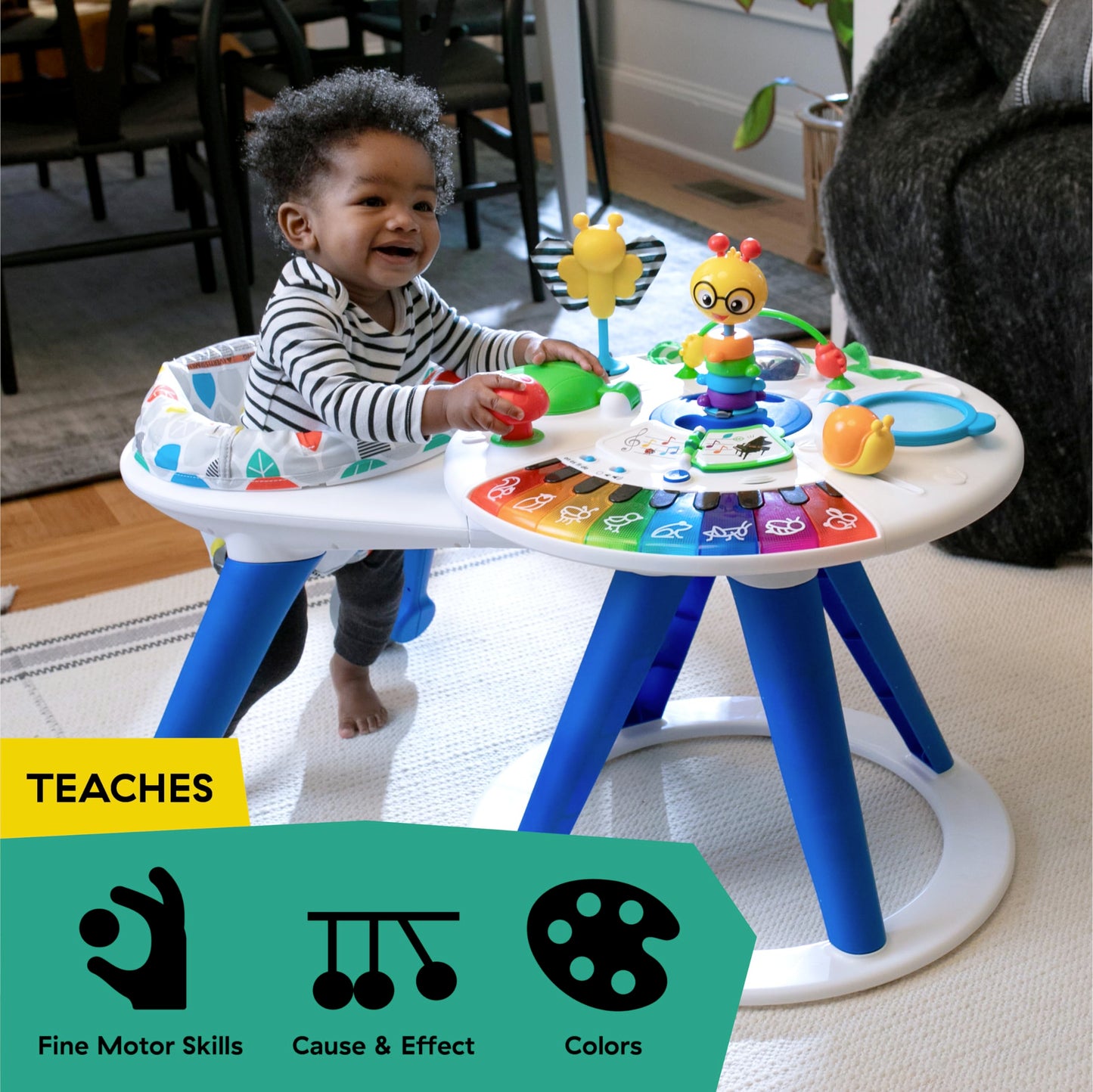 Baby Einstein Around We Grow 4-in-1 walker and activity center with colorful toys for babies age 6 months and up.