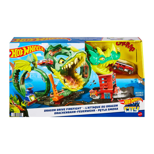 Hot Wheels City Dragon Drive Firefight Playset, Defeat the Dragon with Stunts, Connects to Other Sets, Includes 1 Hot Wheels Toy Car, Gift for Kids 3 to 8 Years Old, HJV70