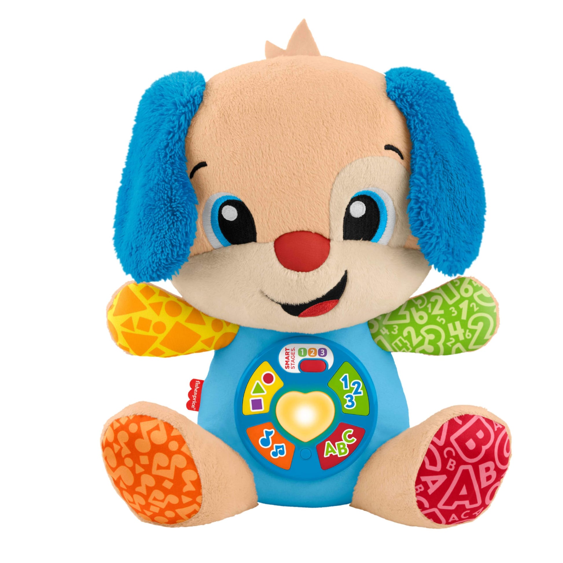 Fisher-Price Laugh & Learn Smart Stages Puppy plush toy with colorful buttons and musical features for infants aged 6+ months.