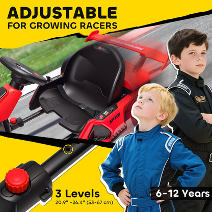 HOMCOM 24V Electric Go Kart for Kids, Ride On Racing Kart with Adjustable Seat, Battery Powered Drifting Ride On Car with Music, Light, Slow Start, Button Start, Horn, for 6-12 Years, Red
