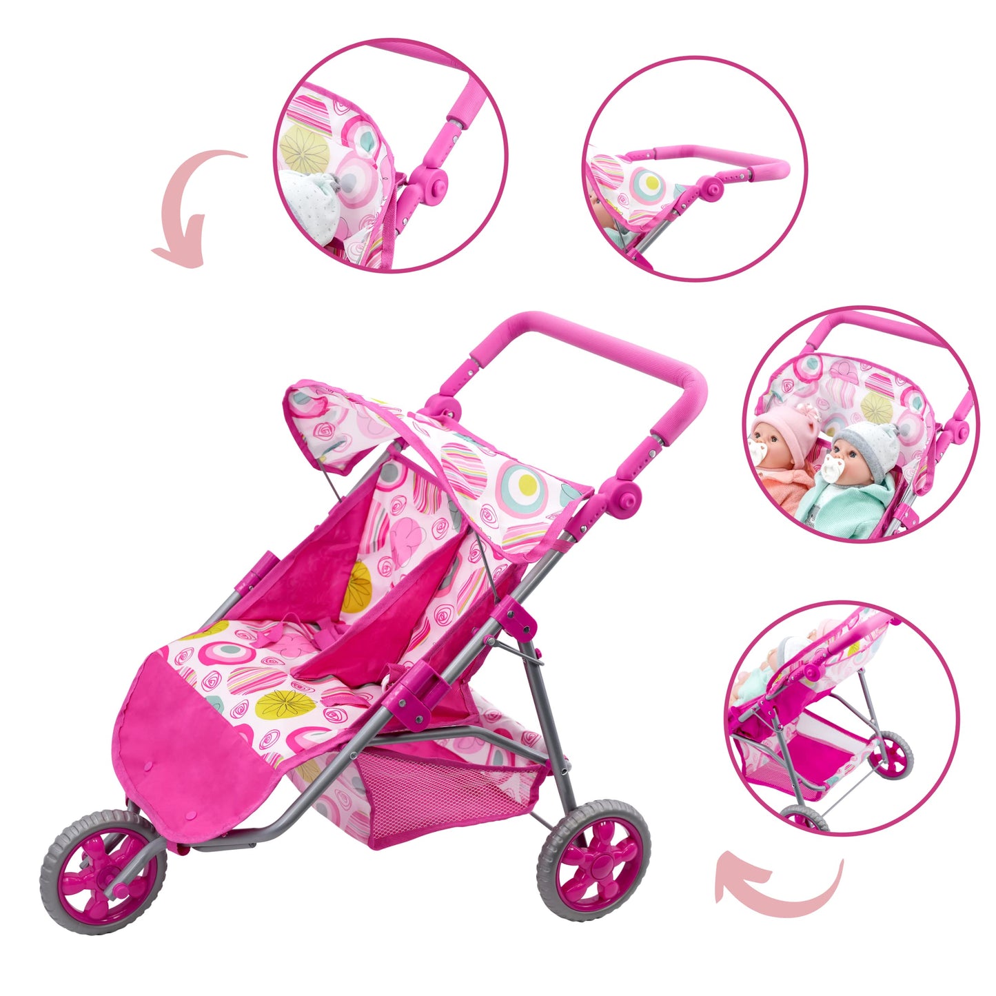 The Magic Toy Shop BiBi Doll Pink Twin Stroller, Ideal Twin Dolls Prams and Pushchairs - Adjustable Canopy and Handle, Under Storage Space, Collapsible - Dolls Double Buggy Toy Pram Double Dolls Pram