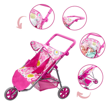 The Magic Toy Shop BiBi Doll Pink Twin Stroller, Ideal Twin Dolls Prams and Pushchairs - Adjustable Canopy and Handle, Under Storage Space, Collapsible - Dolls Double Buggy Toy Pram Double Dolls Pram