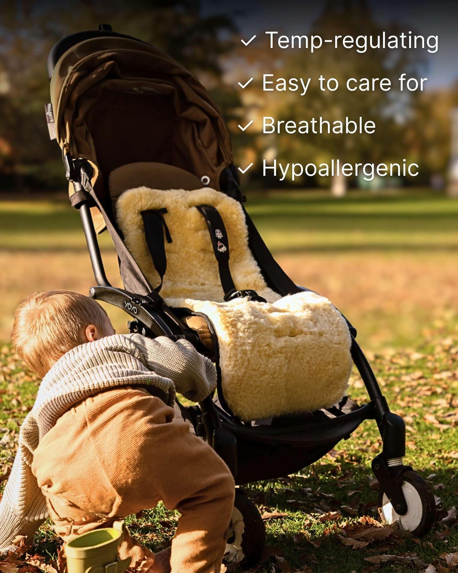Naturally Sheepskins Merino pram liner made of 100% New Zealand sheepskin with cotton backing, breathable and temperature regulating for baby.