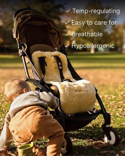 Naturally Sheepskins Merino pram liner made of 100% New Zealand sheepskin with cotton backing, breathable and temperature regulating for baby.