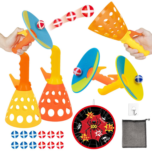 JOY SPOT! Spider Web Target Pop Pass Catch Ball Game - Outdoor Toys for Kids with 4 Launchers, 12 Sticky Balls & Mesh Bag, Fun Indoor Outdoor Toss & Catch Toy Gifts for Boys Girls Ages 3 4 5 6 7 8+