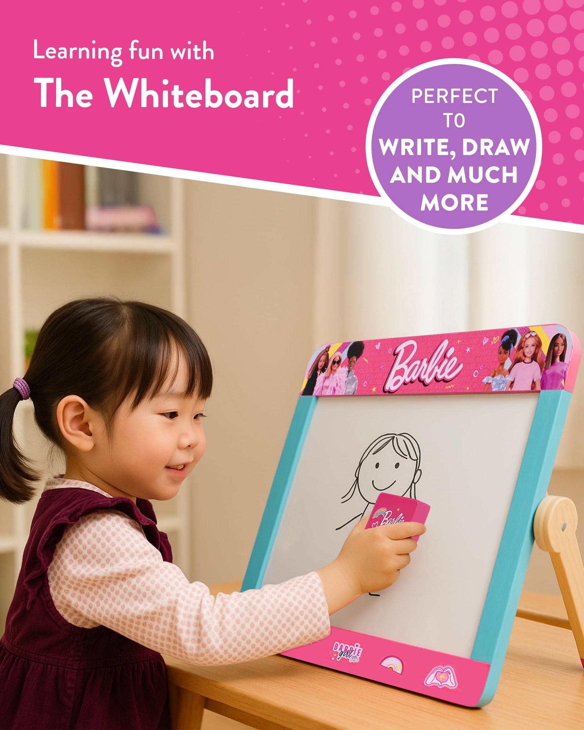 Barbie 2-in-1 wooden tabletop easel with double-sided blackboard and whiteboard, pen, eraser, and chalk for kids' creative play