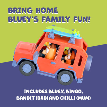 Bluey Heeler Family 4WD Vehicle and 4 Figure Pack, 2.5-3 Inch Figures, 2 Surfboards Accessories and Stickers Amazon Exclusive