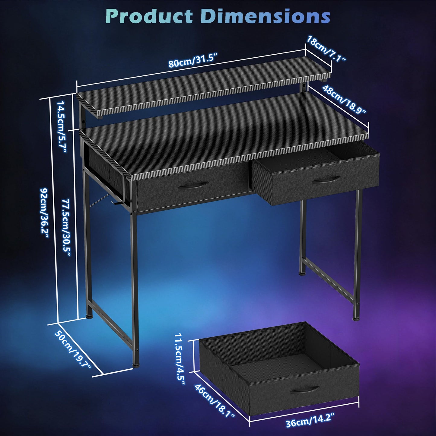 HOMIDEC Gaming Desk with Adjustable Monitor Stand, Computer Office Desk with 2 Storage Drawers, Gaming Table with Headphone Hook, Carbon Fibre Surface, for Gamers, Workers and Students, Black, 80cm