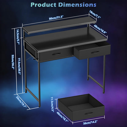 HOMIDEC Gaming Desk with Adjustable Monitor Stand, Computer Office Desk with 2 Storage Drawers, Gaming Table with Headphone Hook, Carbon Fibre Surface, for Gamers, Workers and Students, Black, 80cm