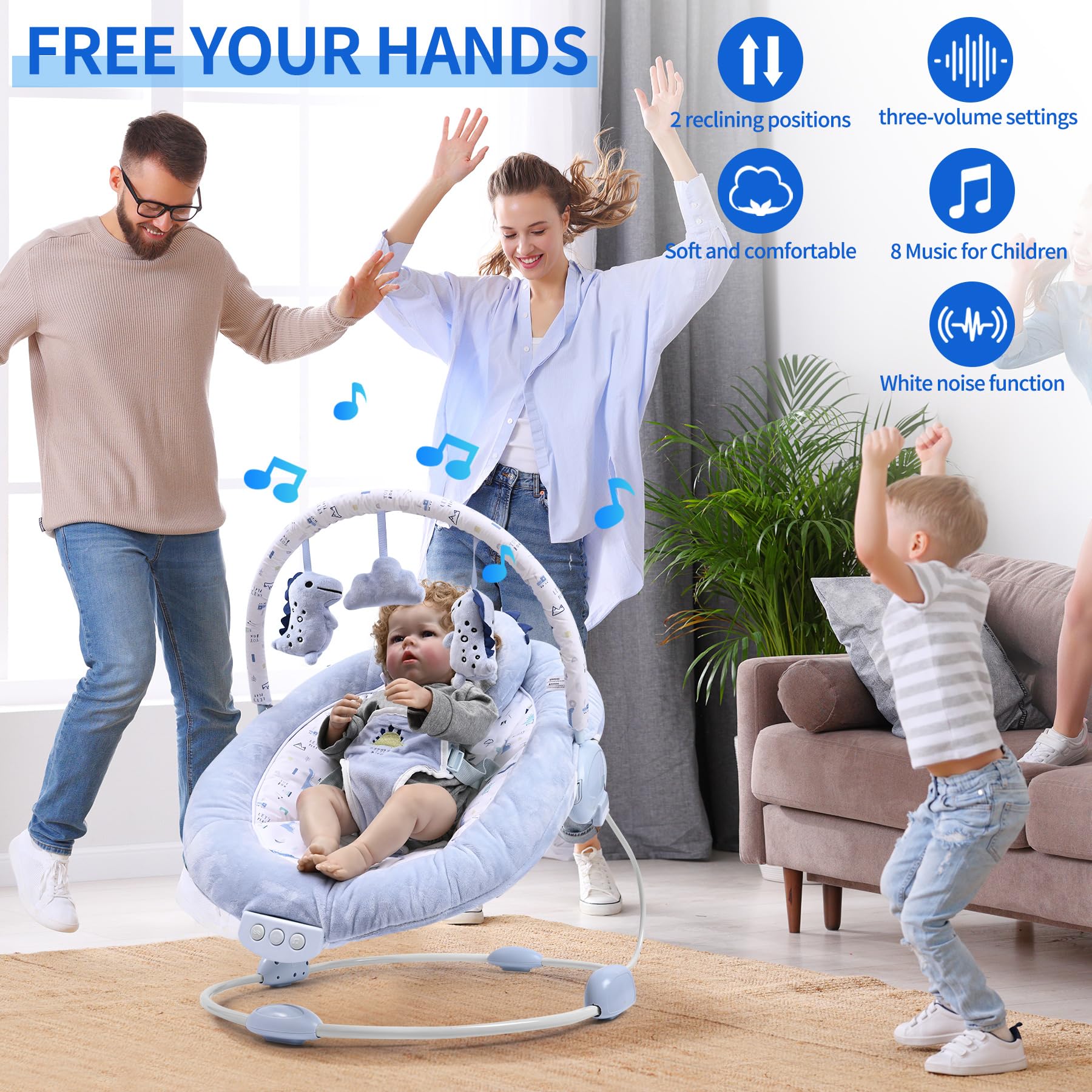 LADIDA soft light blue baby bouncer with removable toy bar, soothing vibrations, music, and three toys for newborn comfort.