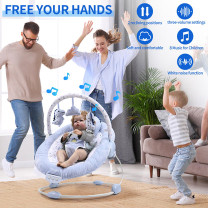 LADIDA soft light blue baby bouncer with removable toy bar, soothing vibrations, music, and three toys for newborn comfort.