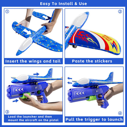 Doloowee 3 Pack Airplane Launcher Toys, 12.6 Inch LED Foam Glider Airplane Catapult, 2 Flight Modes, Outdoor Sports Flying Toys 4 5 6 7 8 9 10 11 12 Years Old Boys Girls Birthday Gifts (Blue)