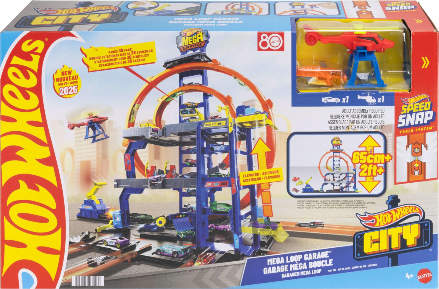 Hot Wheels toy car track set featuring loops, storage for 37 cars, die-cast car, helicopter, and Mega Loop garage.