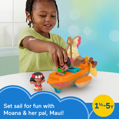 Fisher-Price Little People Disney Princess Moana and Maui's canoe sailboat with figures for toddler pretend play, ages 18+ months.