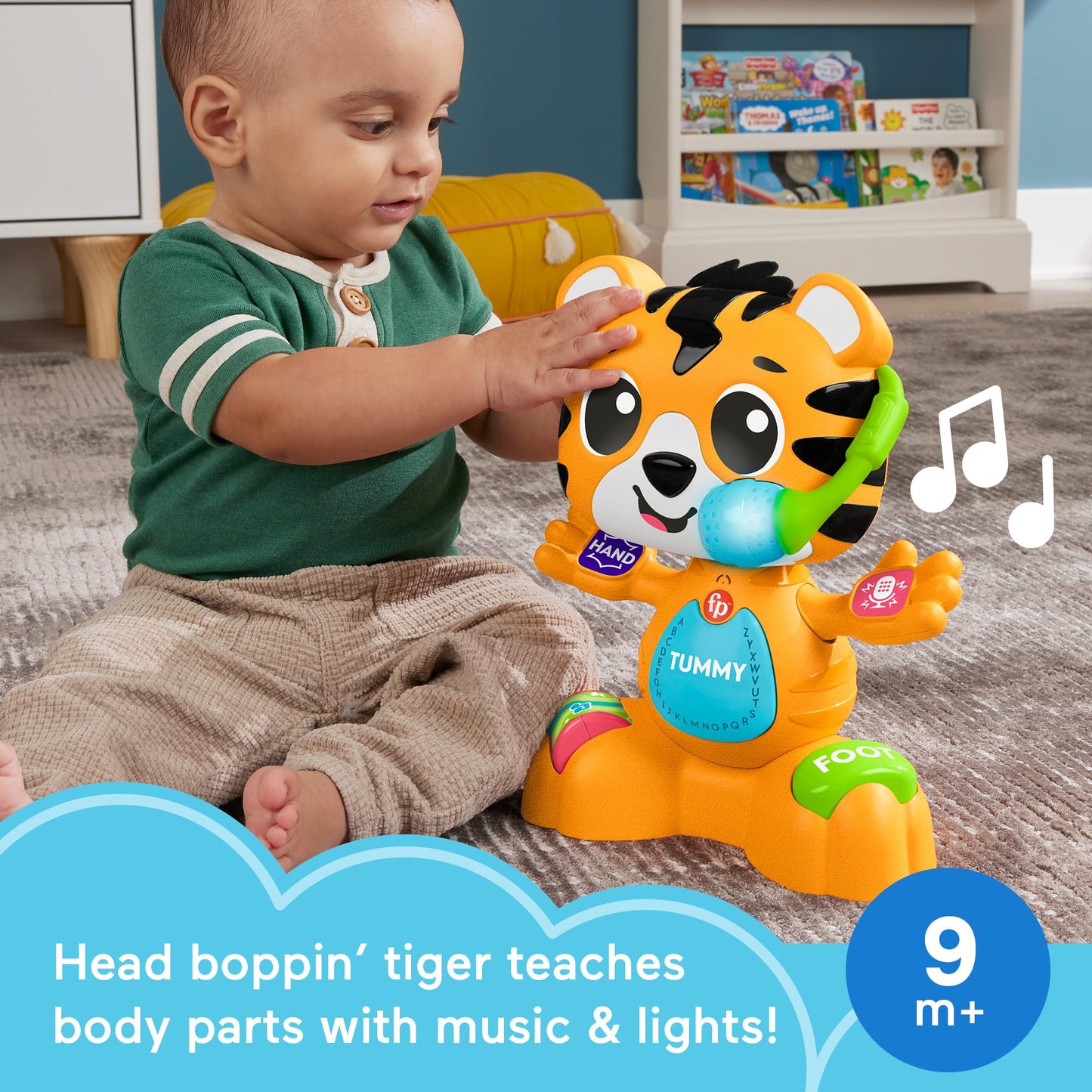Fisher-Price Link Squad Bop & Groove Tiger baby learning toy with music, lights, and interactive features for children 9+ months.