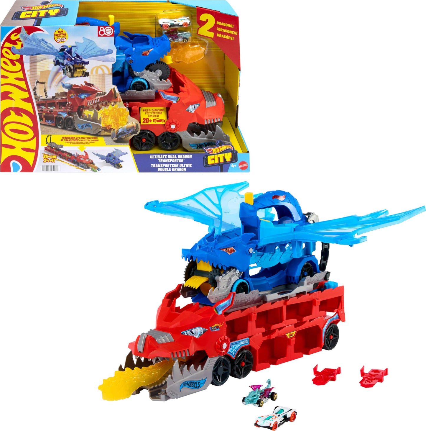 Hot Wheels City Toy Car Track Set, Ultimate Dual Dragon Transporter & 2 Die-Cast Cars, Large-Scale Dragon & Detachable Dragon, Stores 20+ Vehicles, JKJ79