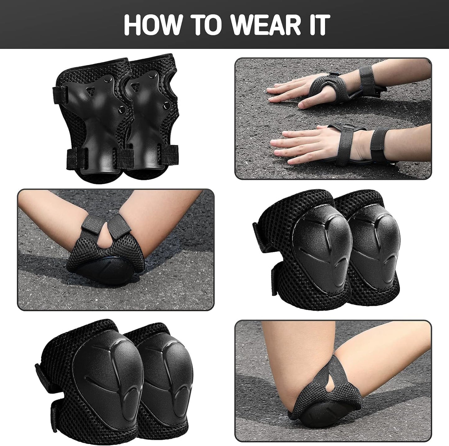 Lyefancy Kids Bike Helmet and Pads Set for 3-13 Years old Boys Girls, Toddler Helmet Protection Gear, Adjustable Safety Kids Helmet Knee Pads Set for Scooter Cycling Skateboard Skating(Black, M)