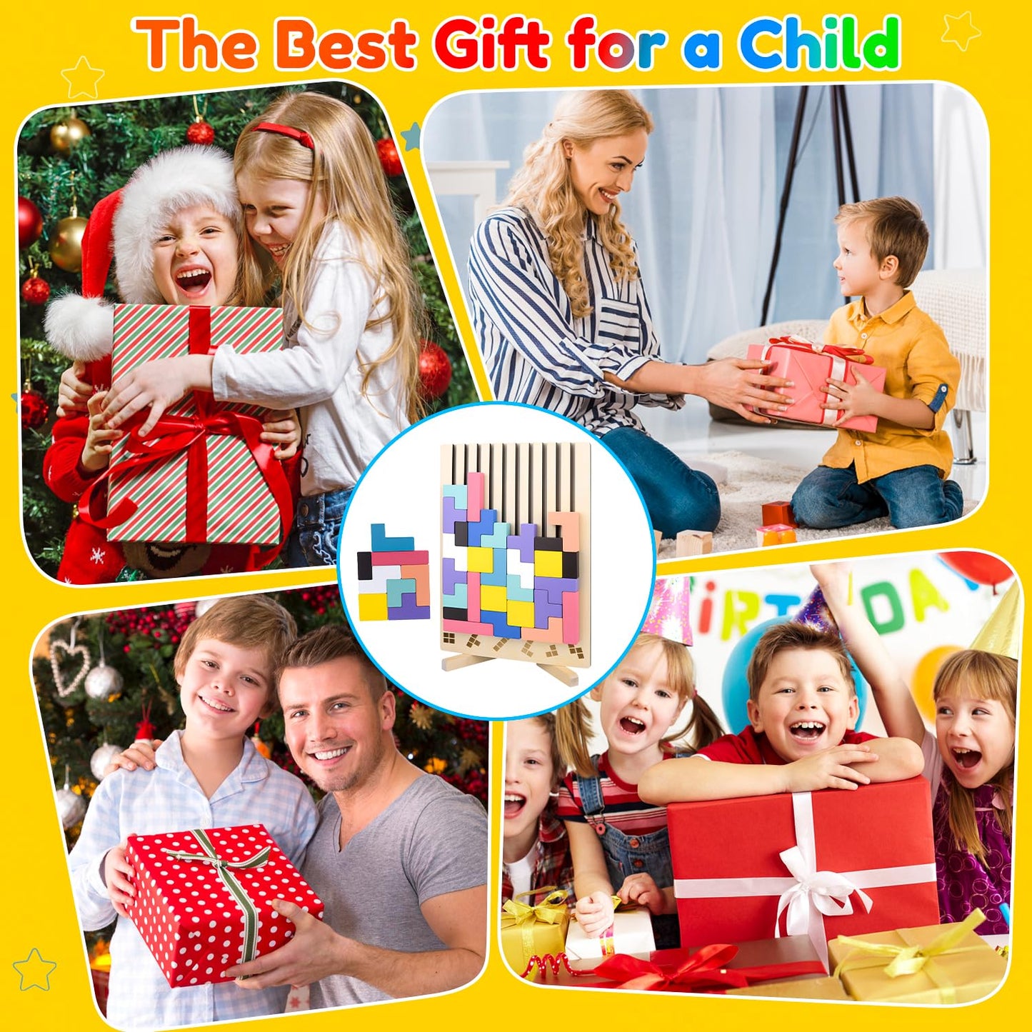 Bukbas Wooden Stacking Puzzle Toy, Wooden Blocks Tangram Jigsaw Puzzle Toys for Kids Boys Girls, Intelligence Colorful 3D Blocks with 10 Cards Building Games, Stress Relief Toys Gifts