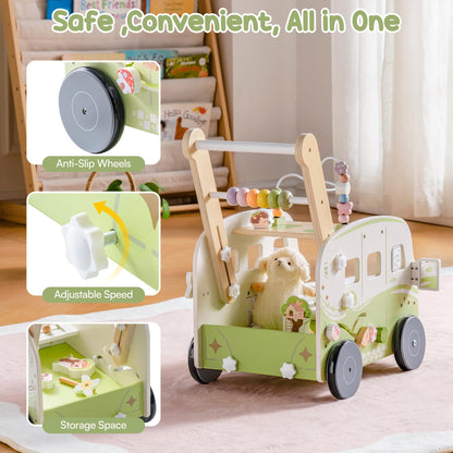 ROBOTIME wooden baby walker with green animal design, adjustable height, wheels, and speed control for toddlers aged 10-36 months.