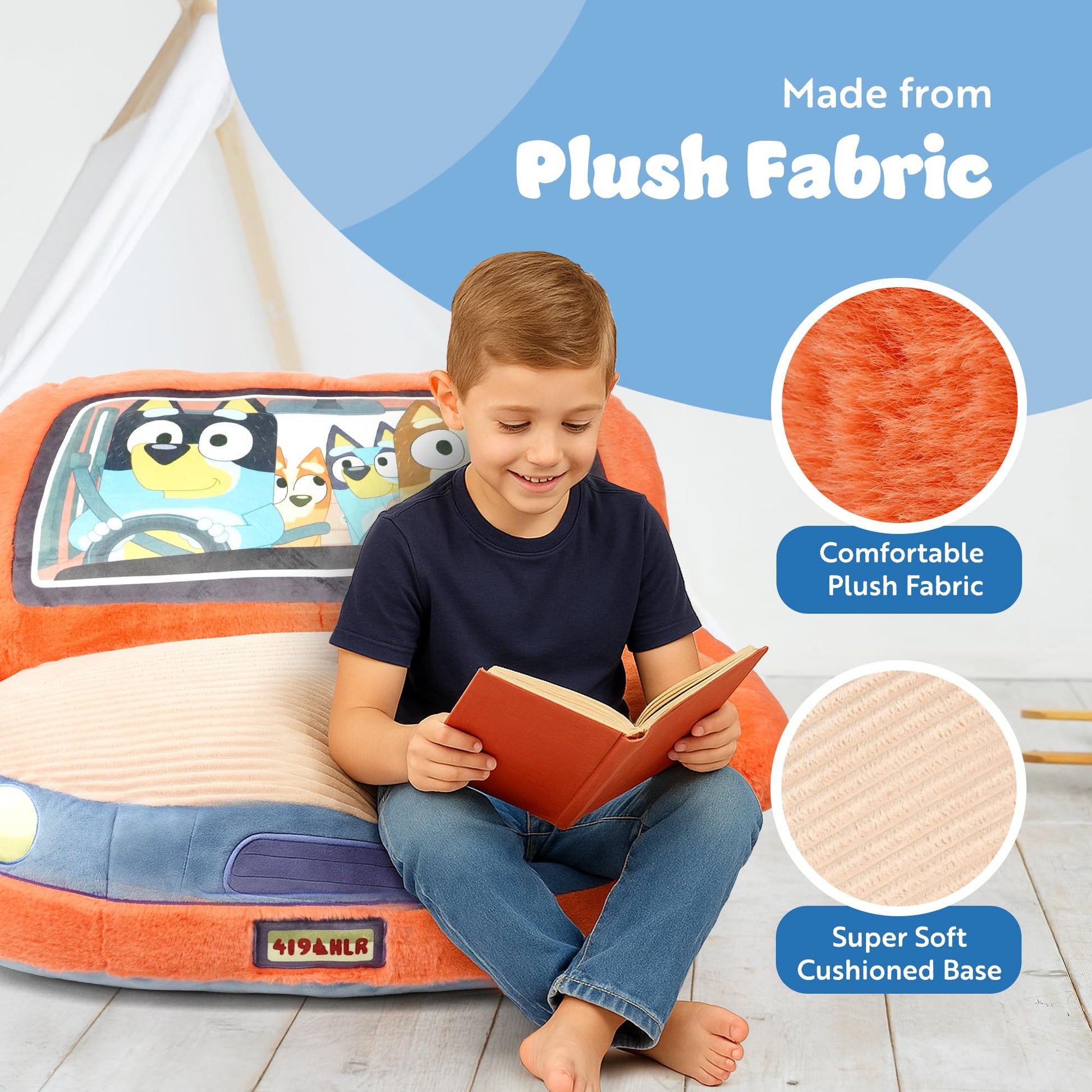 Bluey brand kids plush car sofa armchair with soft, comfy toddler lounge seat featuring a family car design for bedroom or playroom.