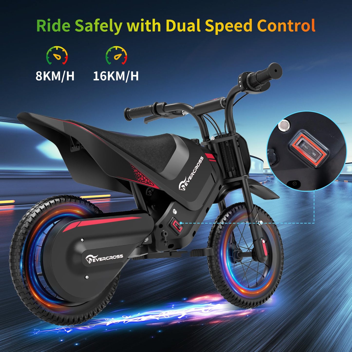 Evercross EV05M electric kids' motorcycle with 12-inch tires, 150W motor, 8/16 km/h speed modes, suitable for children aged 3-12.