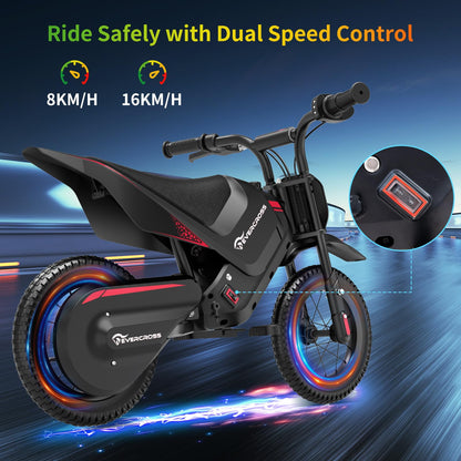 Evercross EV05M electric kids' motorcycle with 12-inch tires, 150W motor, 8/16 km/h speed modes, suitable for children aged 3-12.