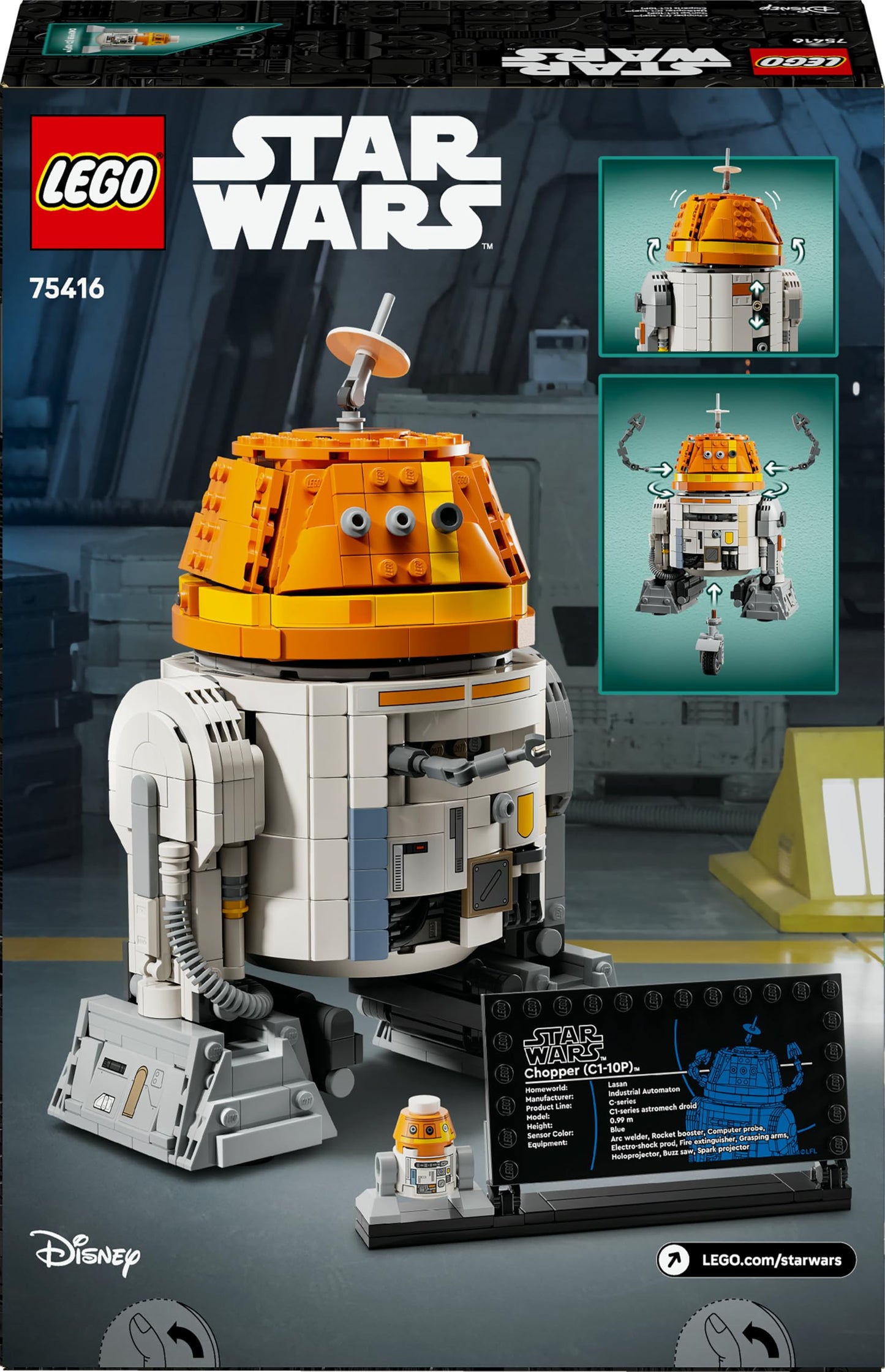 LEGO Star Wars 75416 Chopper astromech droid figure with movable head, detachable arms, and center wheel on display.