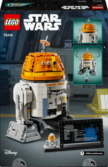 LEGO Star Wars 75416 Chopper astromech droid figure with movable head, detachable arms, and center wheel on display.