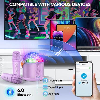 Dislocati mini karaoke machine with two microphones, LED disco lights, perfect for girls’ birthday parties and family celebrations.