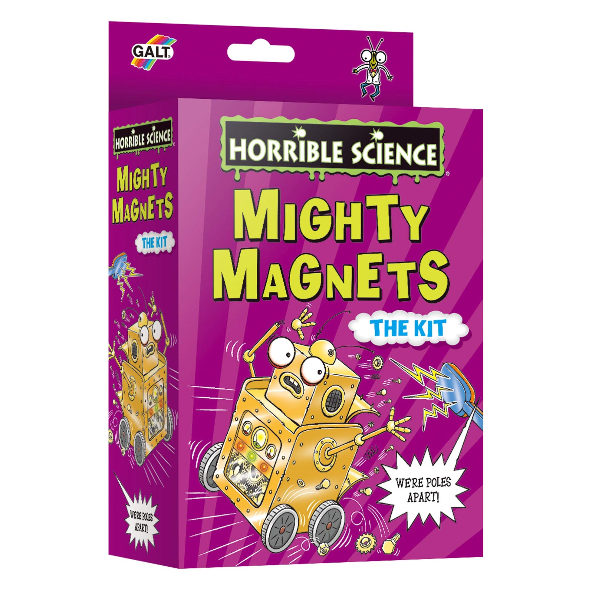Galt Mighty Magnets Kit for kids showing colorful magnets, science tools, and a small rolling robot for hands-on physics experiments.