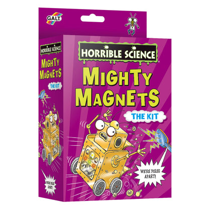 Galt Mighty Magnets Kit for kids showing colorful magnets, science tools, and a small rolling robot for hands-on physics experiments.