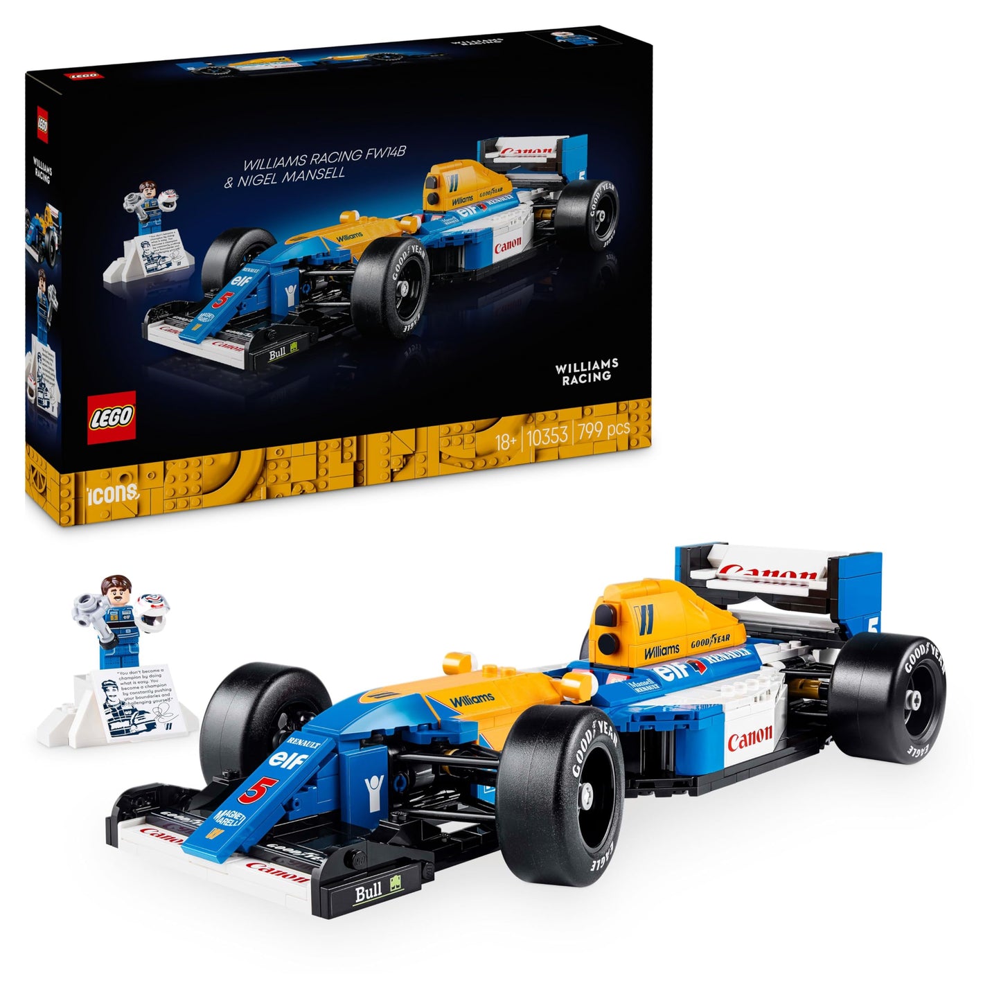 LEGO Icons Williams Racing FW14B model set with driver minifigure, trophy, and display stand for motorsports fans.