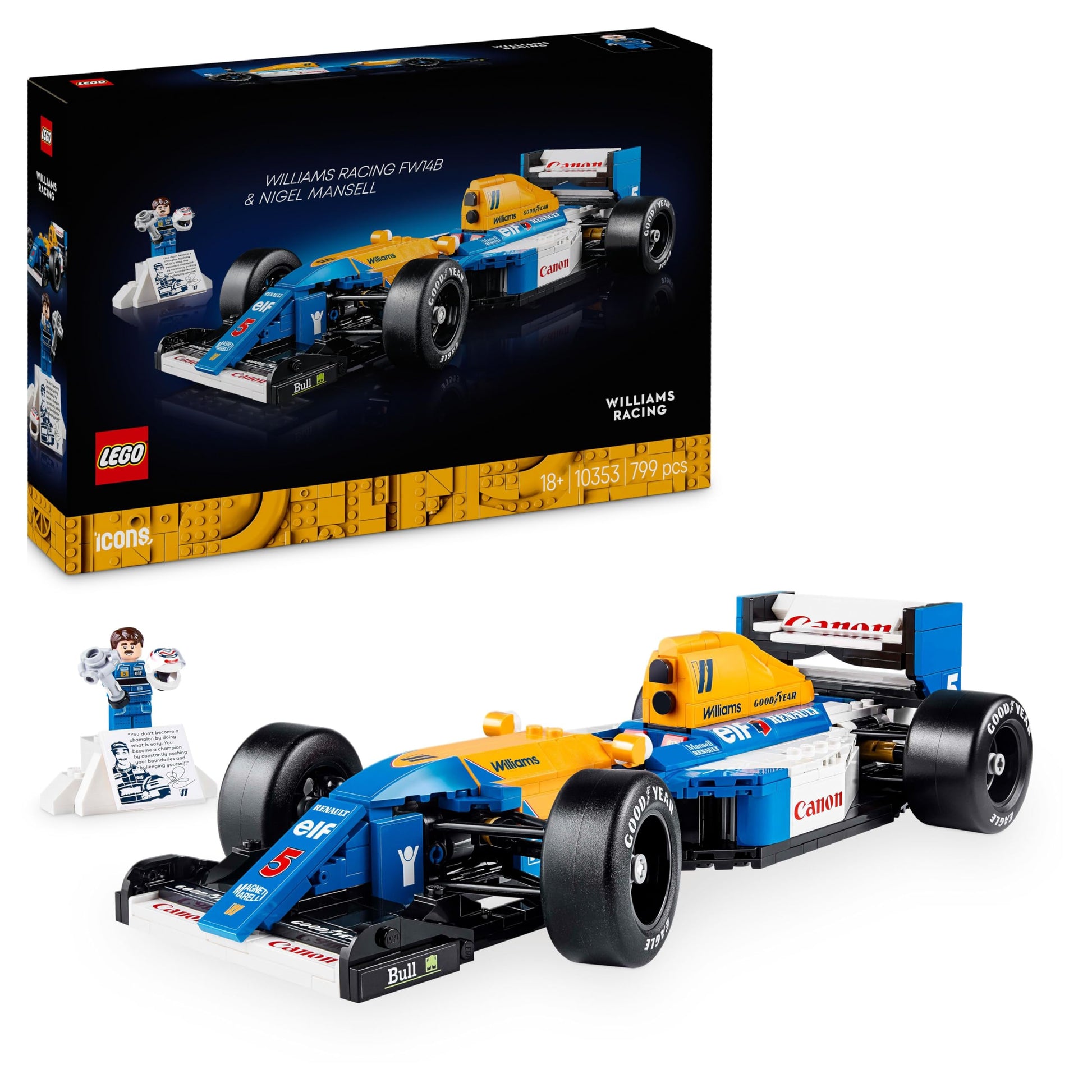 LEGO Icons Williams Racing FW14B model set with driver minifigure, trophy, and display stand for motorsports fans.
