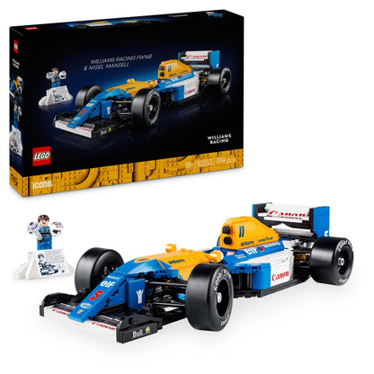 LEGO Icons Williams Racing FW14B model set with driver minifigure, trophy, and display stand for motorsports fans.