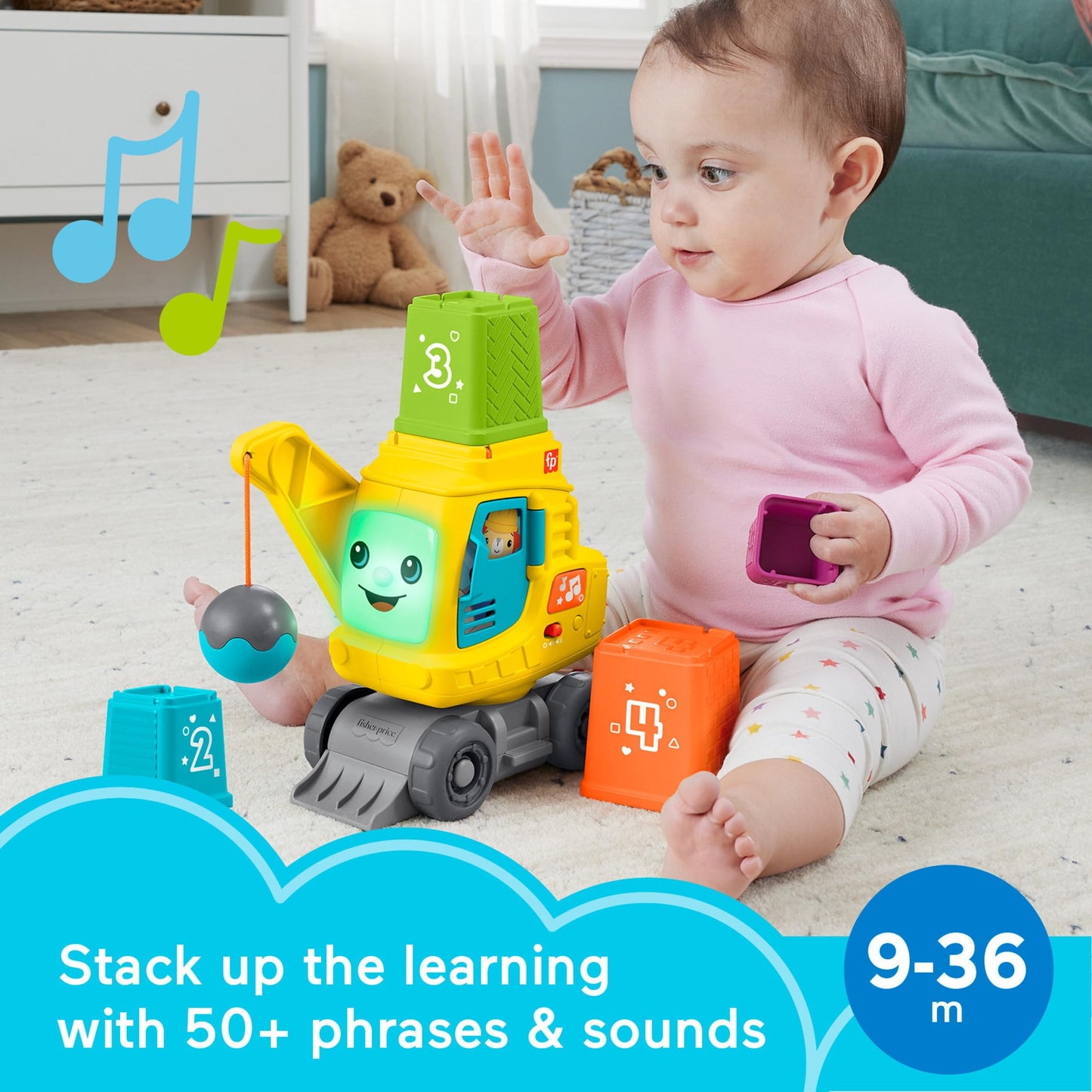Fisher-Price Baby & Toddler Count & Stack Crane with colorful blocks, lights, music, and sounds for infants 9+ months.