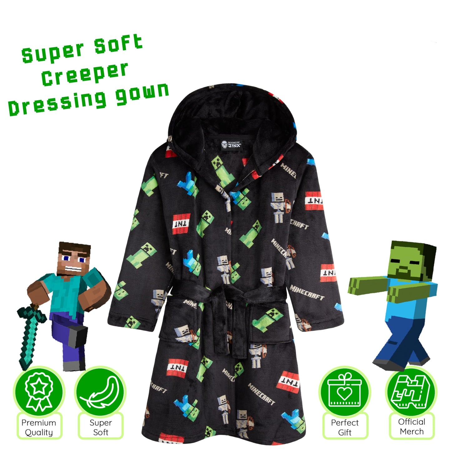 Minecraft Dressing Gown for Boys Fleece Hooded Bathrobe with Pockets Creeper Loungewear Nightwear Teens Gamer Gifts for Boys (13-14 Years, Black)