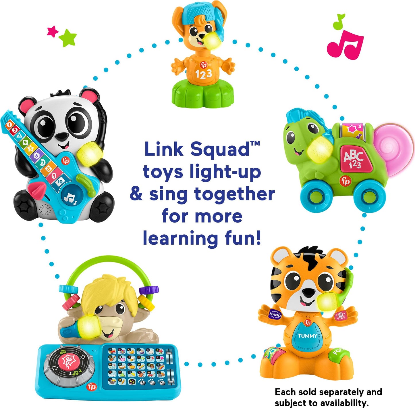 Fisher-Price Link Squad Jam & Count Panda baby learning toy with music, lights, and interactive features for ages 9+ months.