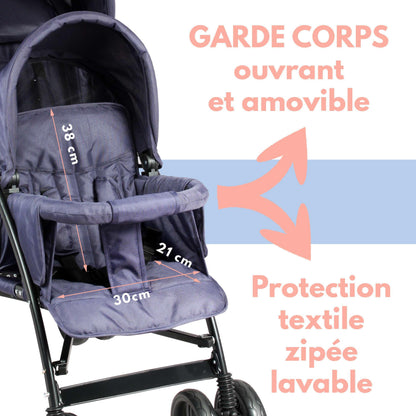 Bambisol - Double Pushchair - Folding, Compact - Rain Cover Included - Navy Blue